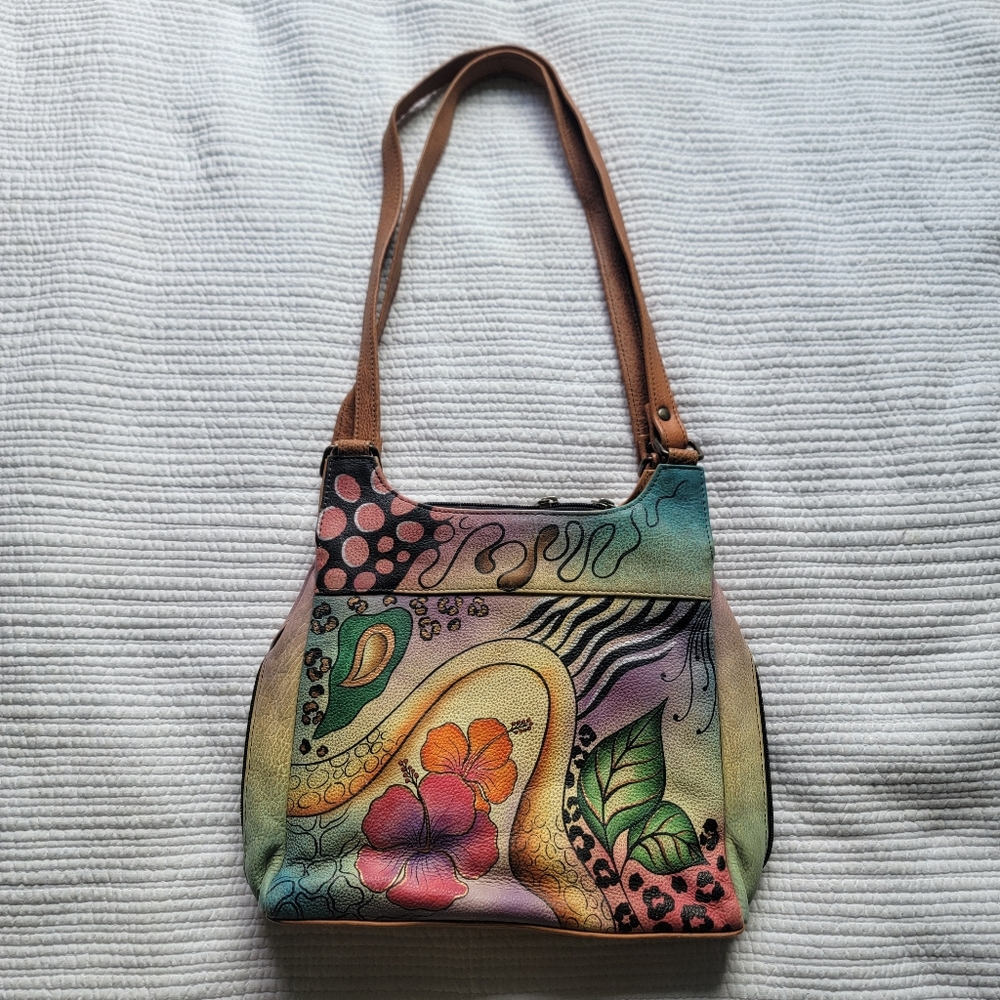 Anuschka Hand Painted Leather Shoulder Bag Multicolor Tropical Hibiscus Design
